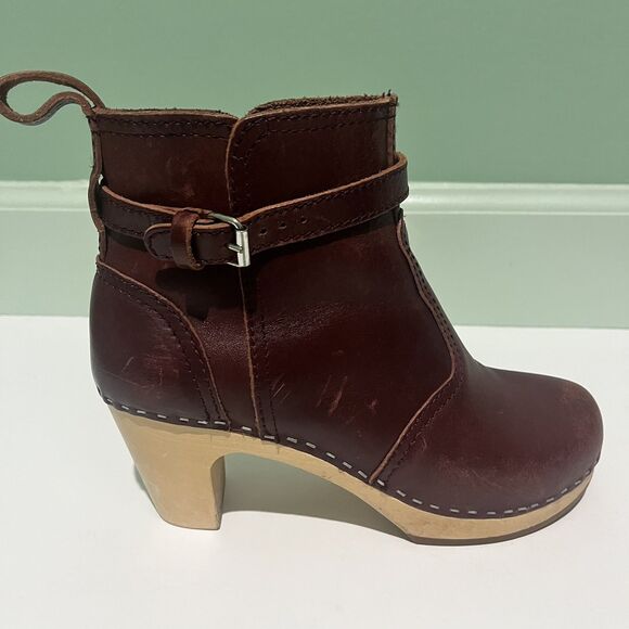 Hasbeens JODHPUR Cherry Brown Leather Clog Wood Heeled Ankle Boots Size 37 FAIR - Picture 4 of 14